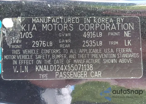 2005 Kia Amanti z USA, uszkodzony, nr VIN KNALD124X55071138